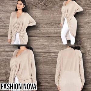 Fashion Nova Long Sleeve High-Low Sweater - Taupe